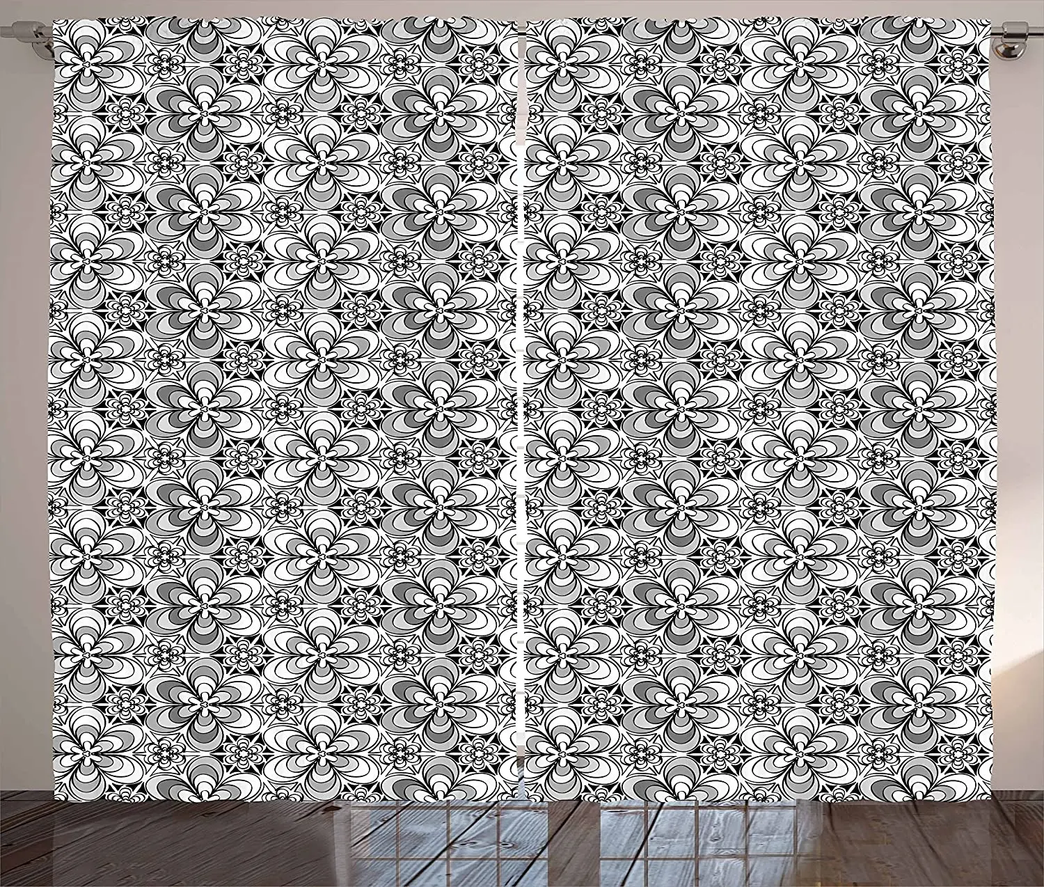 

Black and Grey Blackout Curtains Blossoming Flowers Pattern Simplistic Sketch Style Flourishing Garden Window Curtain