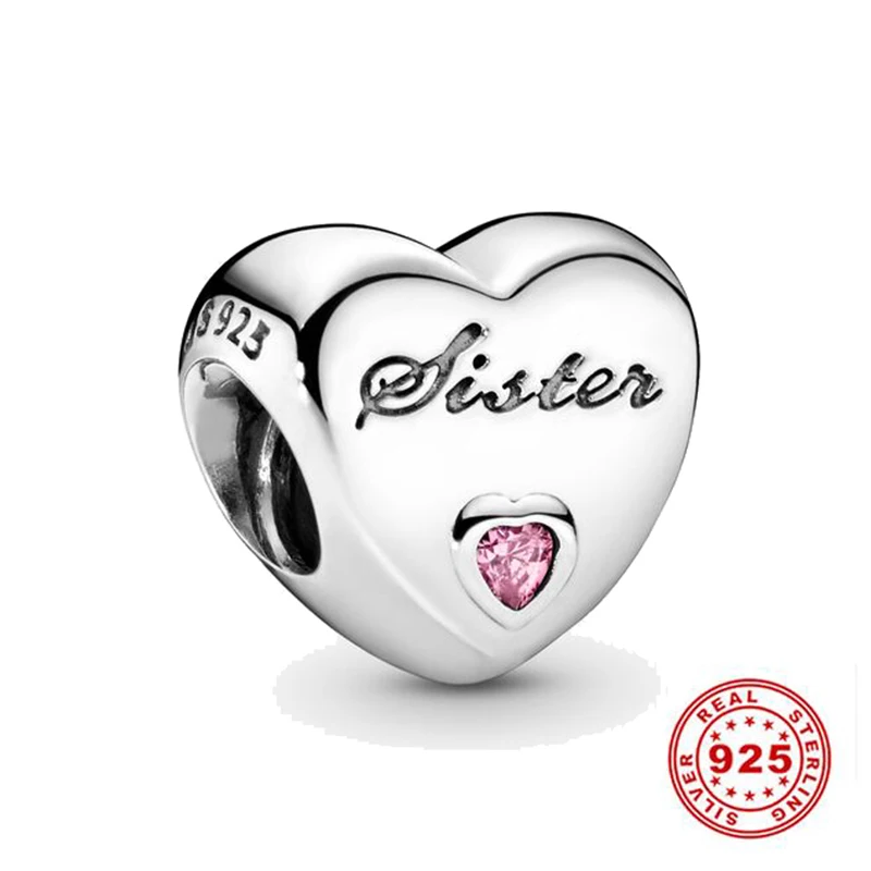 Hight Quality 925 Sterling Silver Beads Pink CZ Sister Heart Charm Fit Original Pandora Bracelets Women DIY Jewelry Making