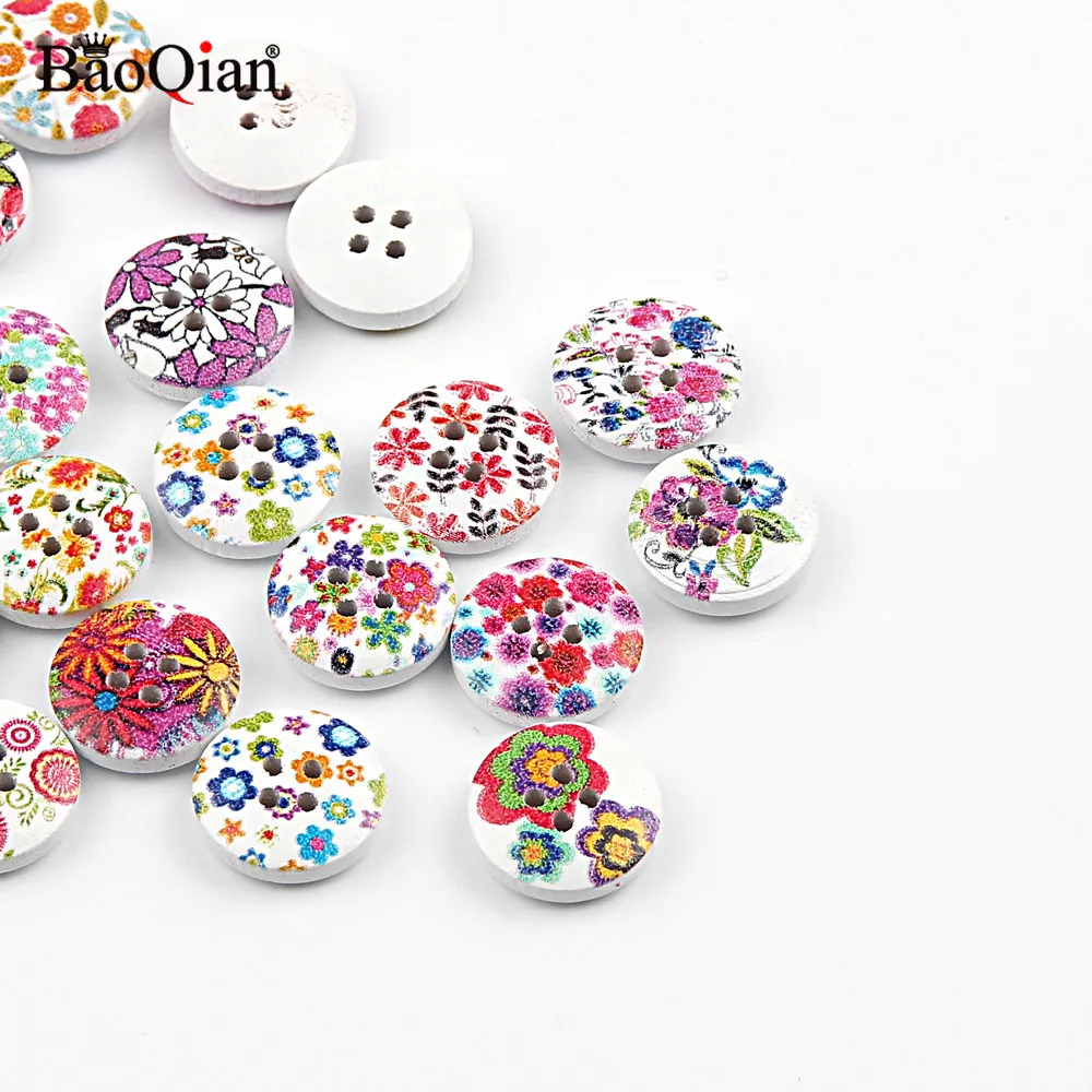 50Pcs 15mm Mixed Flower Painted Wooden Buttons For Clothing Scrapbooking Buttons Crafts DIY Needlework Sewing Accessories