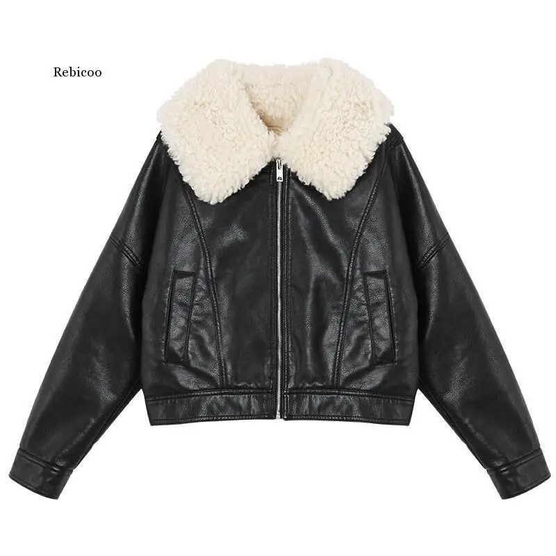 Autumn Winter New Women Leather Faux Fur Thicken Lambs Wool Faux Leather Jacket Motorcycle Biker Outerwear Black Coats