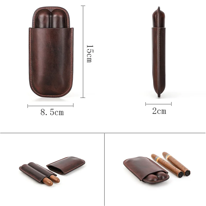 100% Genuine Leather Cigar Case Holster 2pcs Cigars Travel Carrying Cover Smoking Pipe Humidor Box Bag Fit for COHIBA Cigars