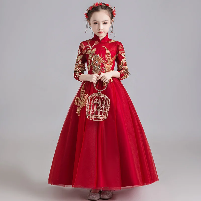 

Children New Mandarin Collar Embroidery Party Dress Kids Novelty Catwalk Gorgeous Chinese Lovely Girls Pompous Skirt