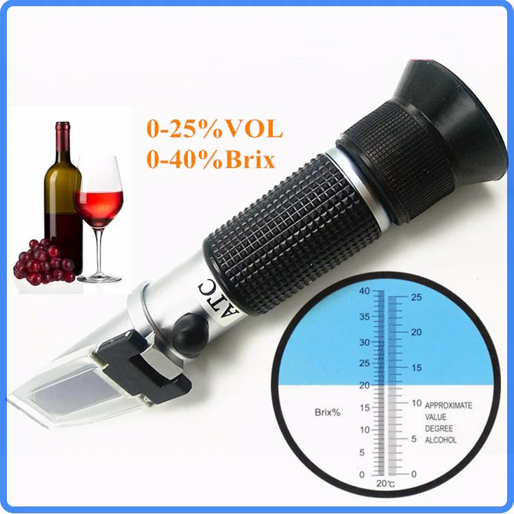 Handheld Wine Alcohol Refractometer with ATC Dual Scale Brix 0-40% 0-25% VOL Optical Tester for Grape Wine Making Winemakers