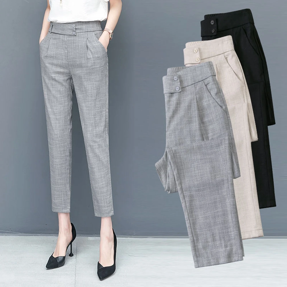 

Cotton linen sashes Summer autum Pocket high waist Office OL office ladies elegant solid work suit streetwear harem pencil Pants