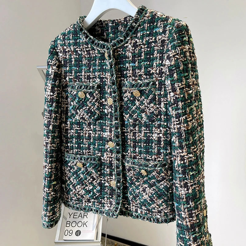 

Green plaid tweed weave patchwork jacket women spring autumn retro outwear