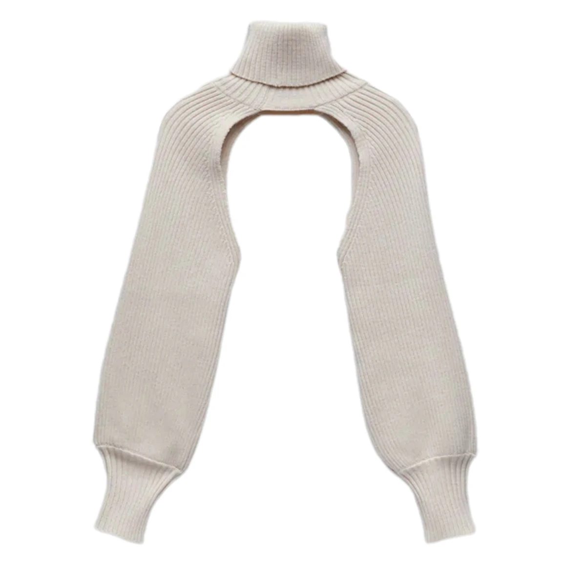 Women Sexy Turtleneck Long Puff Sleeve Knitted Sweater Arm Warmers Backless Knitwear Pullover Crop Top