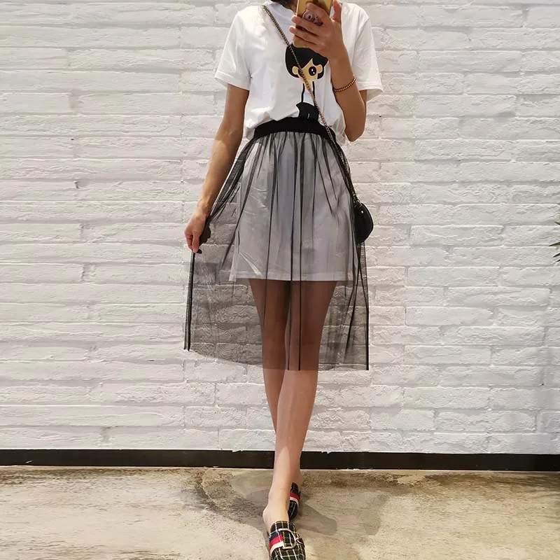 2019 Nieuwe Single-Layer See-Through Mesh Rok Transparante Gaas Casual Elegante Knielange Zwart Wit Hoge taille Elastische Rok
