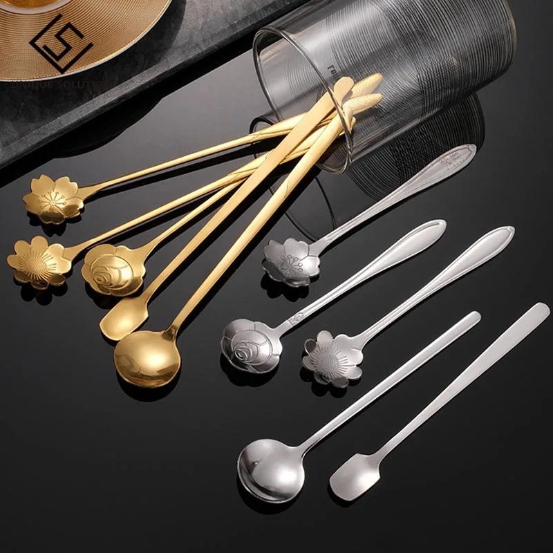 

8Pcs Flower Spoon Set Small Teaspoon Coffee Spoon Cute Ice Cream Dessert Spoon Silver Gold Stainless Steel Spoon For Coffee Tea