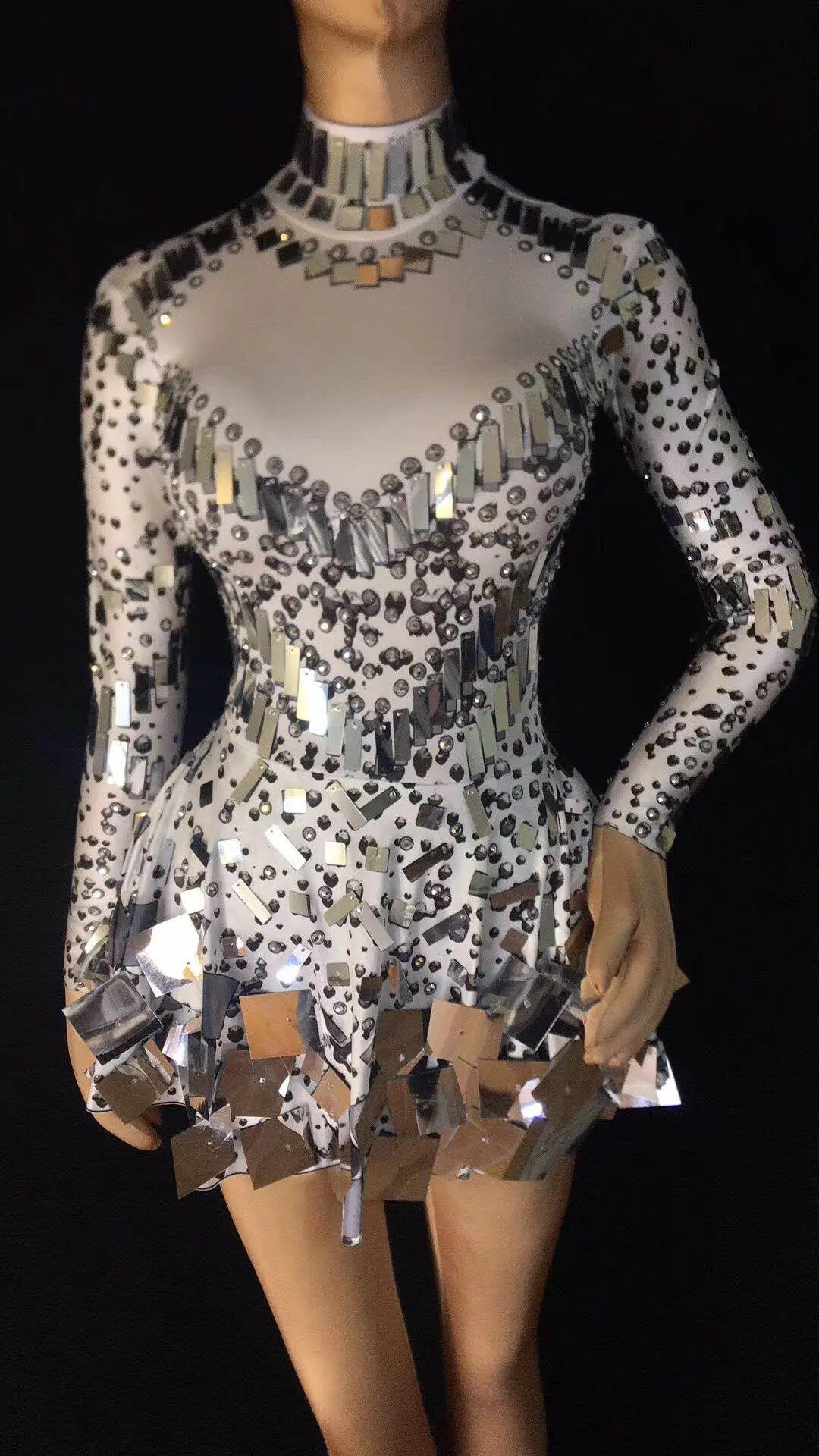 White color Singer mirror dress stage dance wears Sparkly Silver Sequins Bodysuit Dress Rhinestone Costume