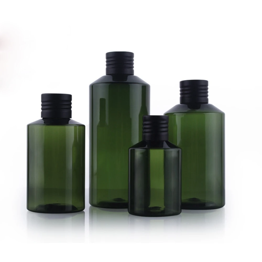 20Pcs Empty Plastic Bottles Dark Green with Inner Plug Black Aluminum Cap for Toner Lotion Storage 50ml 100ml 150ml 200ml