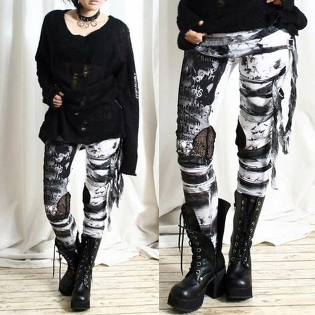 Gothic Punk Leggings Women Tight Elastic Pants Leggins Mujer Hip Hop Rocker High Waist Distressed Legging Pantalones De Mujer