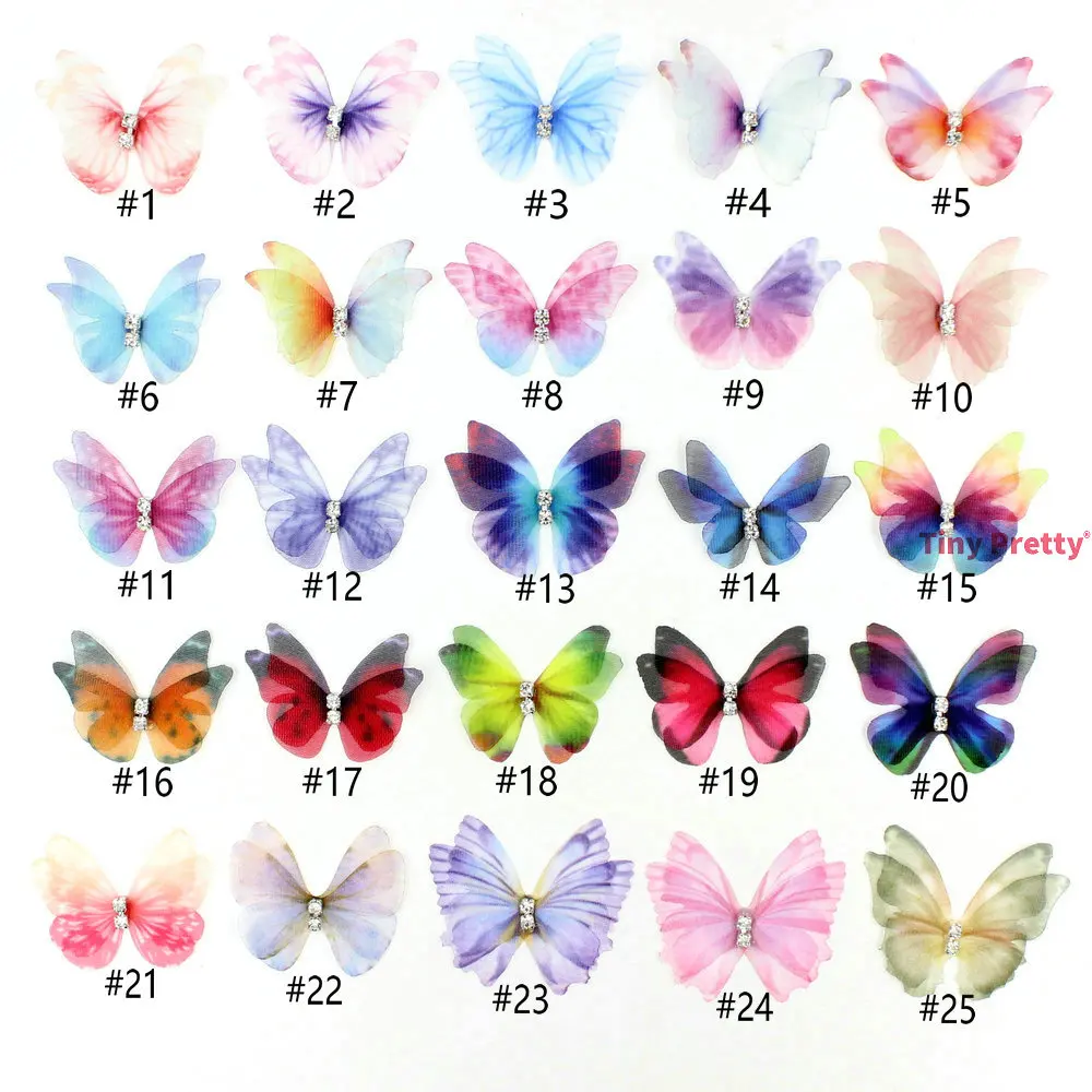 20PCS 3.0cm IRREGULAR Organza Butterflies w/ Rhinestone Chiffon Artificial Butterfly for Baby Hair Accessory, Party Decoration