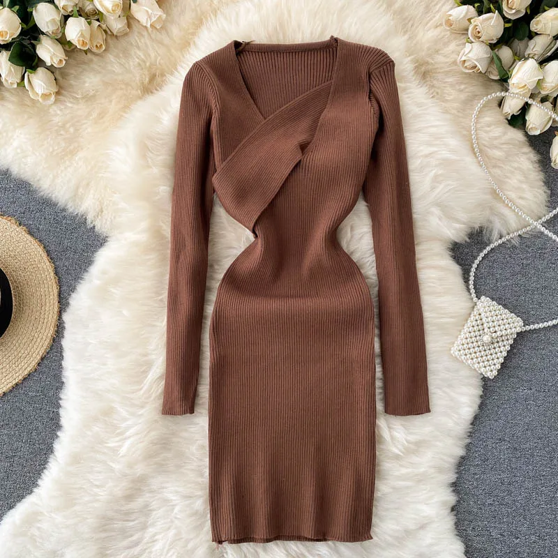 

Croysier 2021 Fashion Women Asymmetric Neck Mini Dress Long Sleeve Autumn Winter Knitted Dress Night Club Sexy Bodycon Dress