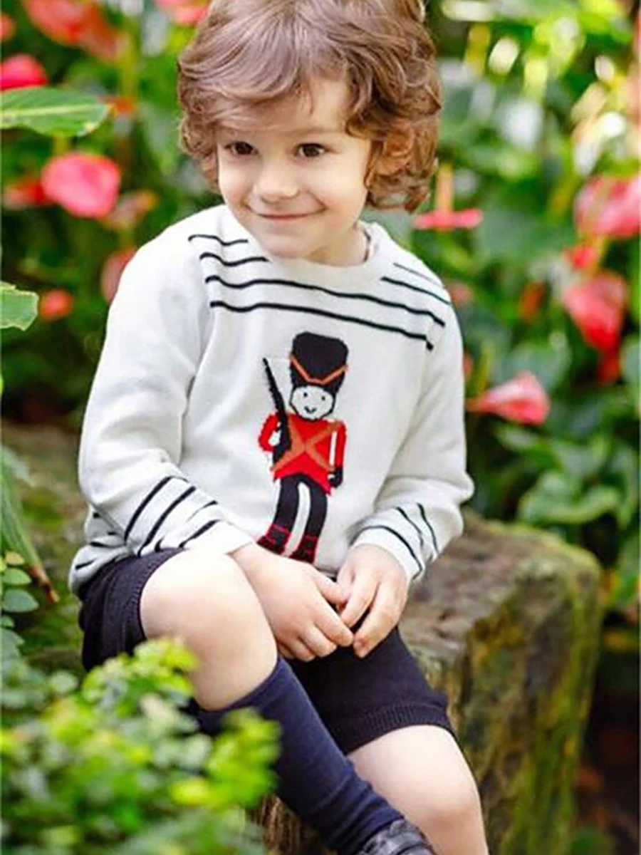 Children Boutique Clothing Set Ins Trend Baby Boy Cartoon Soldier Pattern Long Sleeve Knit 2Pc Set Fashionable Handsome European