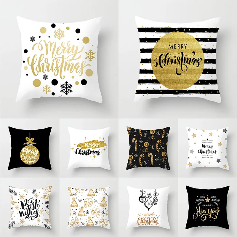 Christmas Pillows Case Gold Black White Print Merry Christmas Cushion Cover Modern Simple Decorative Pillow Cover New Year Decor