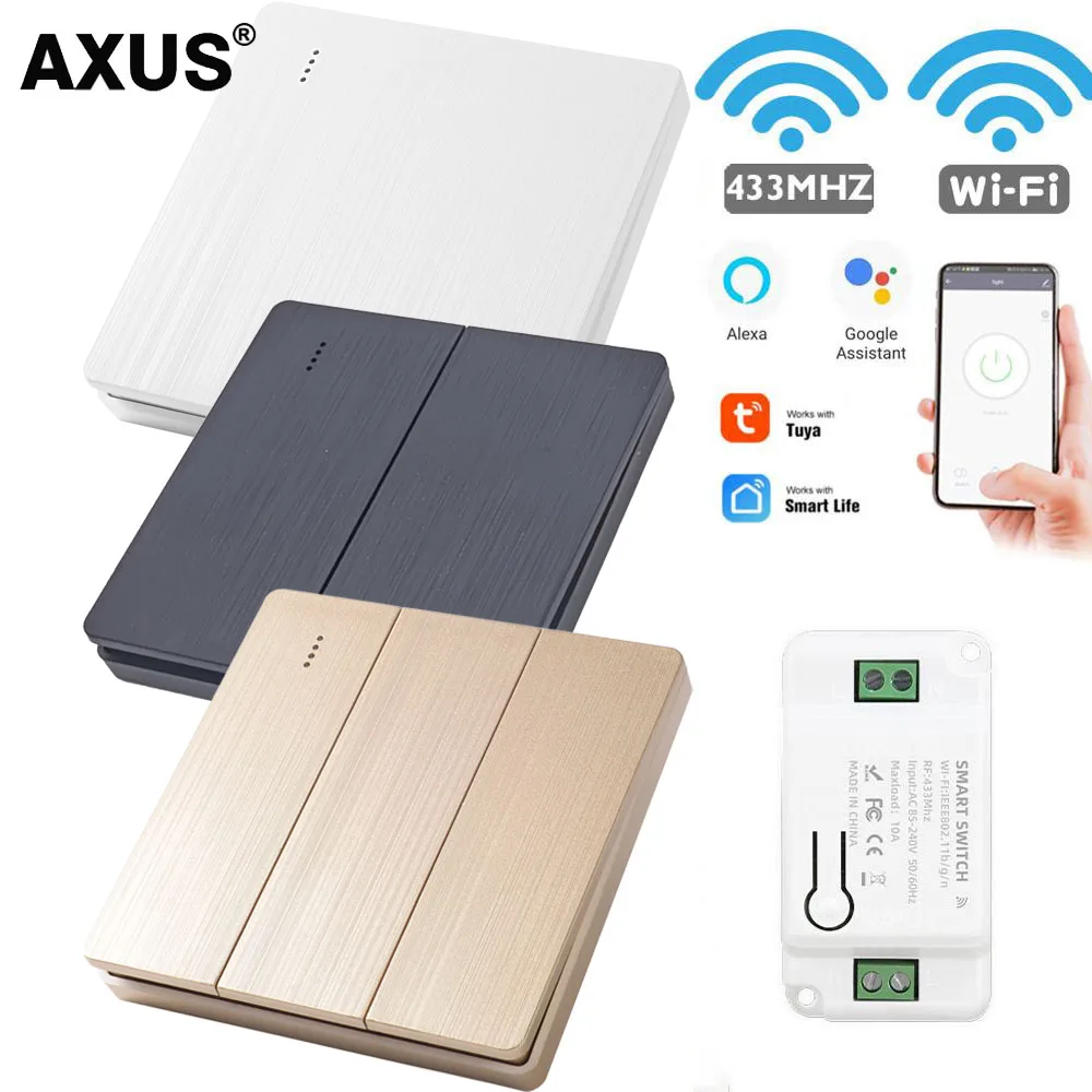 AXUS Tuya Wall Smart WiFi Push Button Switch RF 433Mhz Light Switch Wireless Remote Controller Relay Module Google Home Alexa