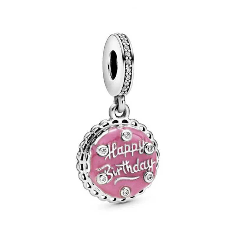 Sterling Silver 925 Trinket Pink Birthday Cake Pendant Charms DIY Beads Fits Original Bracelets Necklace Women Jewelry Making