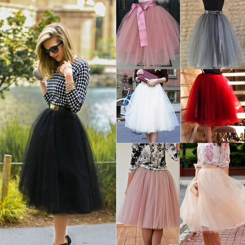 

7 Layers Midi Tulle Skirt for Girls Fashion Tutu Skirts Women Solid Lace Ball Gown Party Petticoat Lolita faldas saia jupe