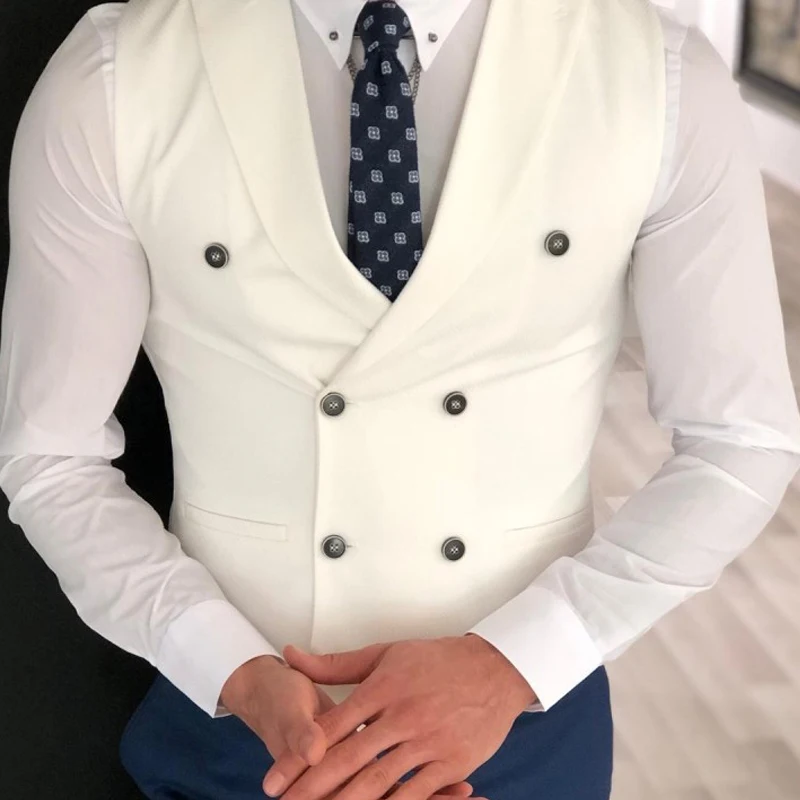 White Slim Fit Men Vest with Double Breasted One Piece Custom Male Suit Wasitcoat Peaked Lapel Wedding Gromsmen Waist Coat New