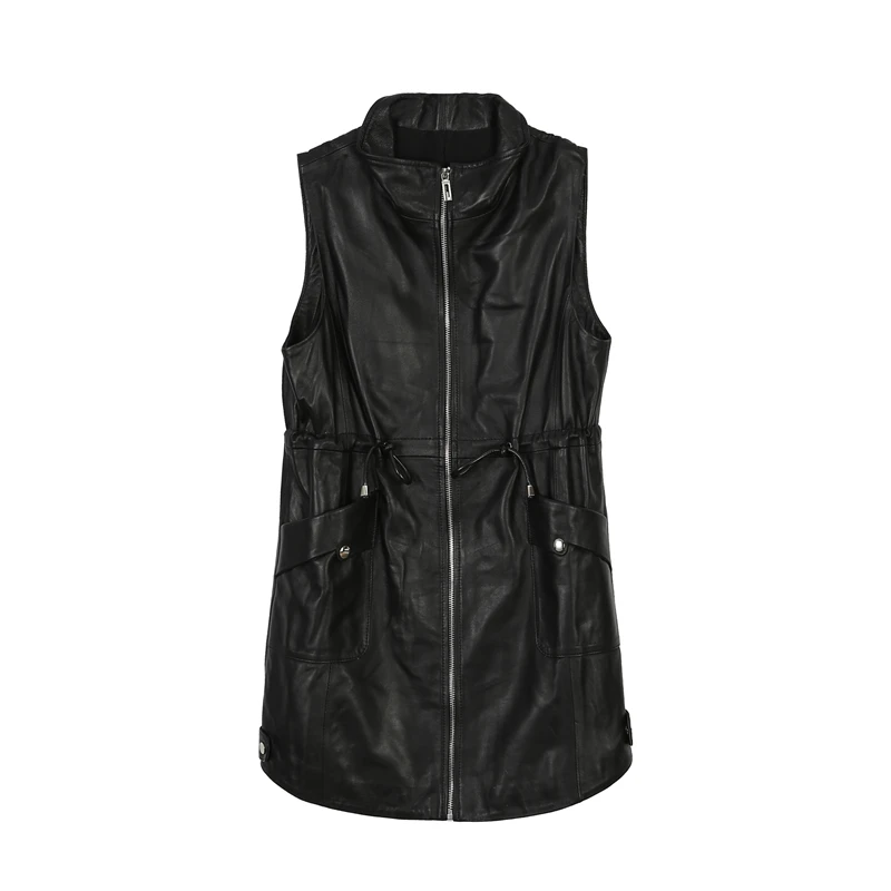 Mid-Length Waistcoat Women Autumn Genuine Leather Lapel Zipper Pockets Drawstring Female Sheepskin Vest Black Sleeveless Jacket