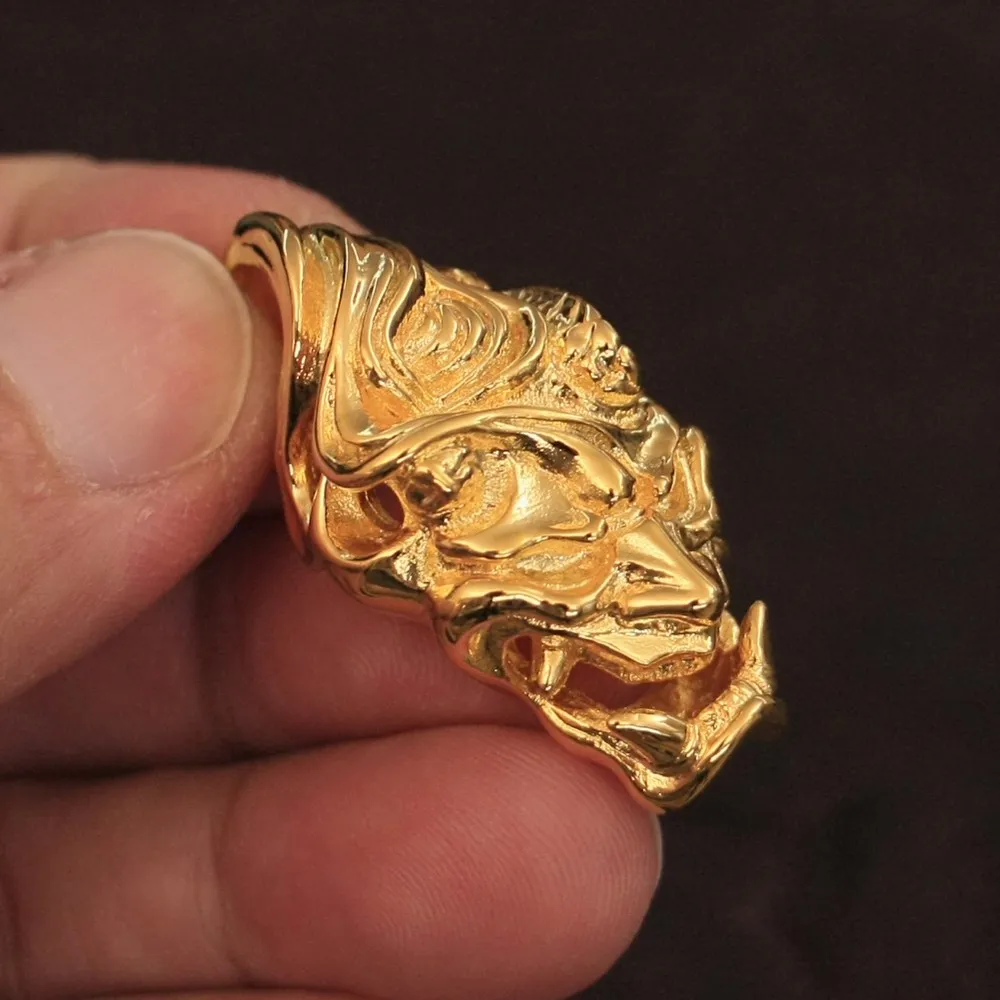 LINSION Japanese Ghost Prajna Skull Pendant Gold Plated Brass Mens Biker Rock Punk Jewelry GP276 JP