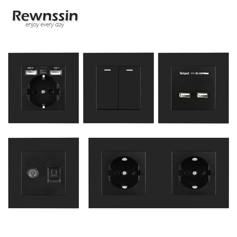 EU French Power Sockets With 2.1A USB,LED Lamp,Light Switches 1 2 3 4 Gang,RJ45 TV Network Connector,Wall Electrical Outlets