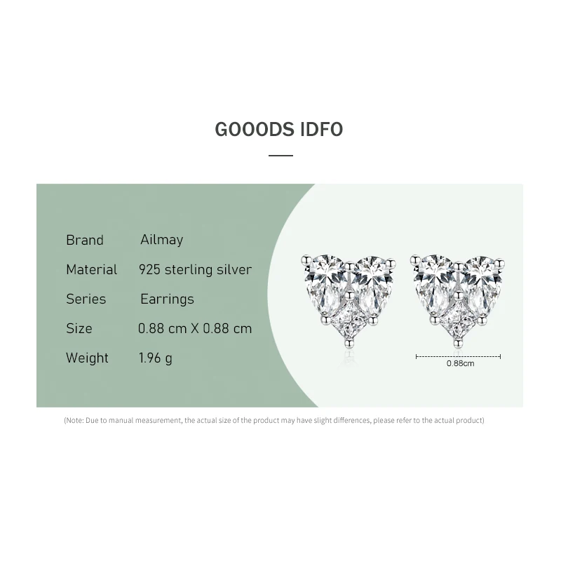 Ailmay 100% 925 Sterling Silver Luxury Elegant Love Heart Shape Stud Earrings for Women Cubic Zirconia Fashion Party Jewelry