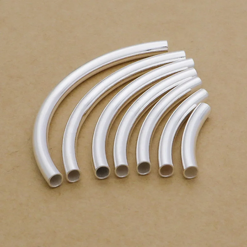 Genuine Real Pure Solid 925 Sterling Silver Curved Tube Silver Long Beads Connector Bracelet Necklace Jewelry Making Findings
