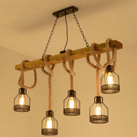 5 Heads Loft Pendant Lamp Dining Room Restaurant Cafe Living Room Hemp Rope Wood Ceiling Chandelier Lighting Vintage Droplight