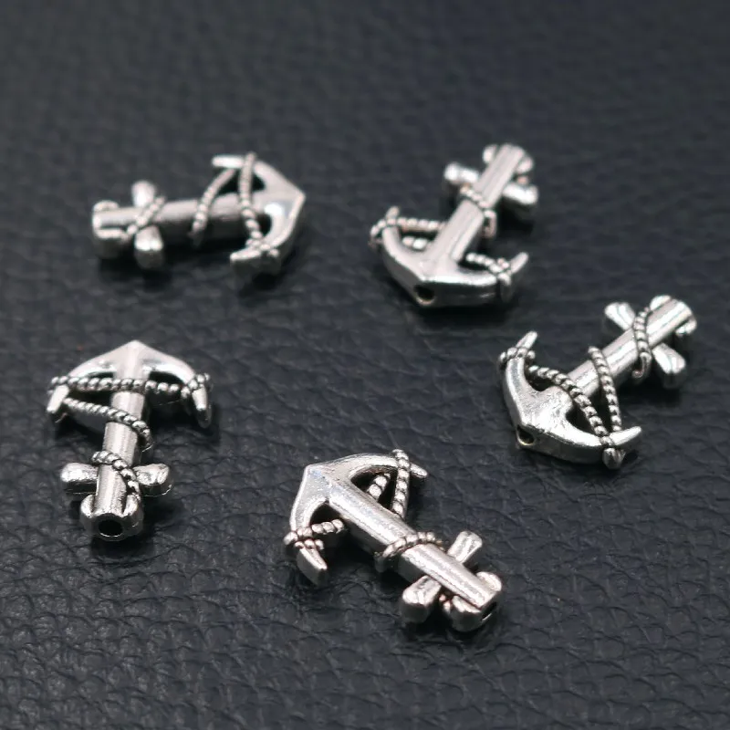 15pcs Silver Plated 3D Sailor Anchor Small Hole Bead Pendants Bracelet Necklace Accessories DIY Charms For Jewelry Crafts Making