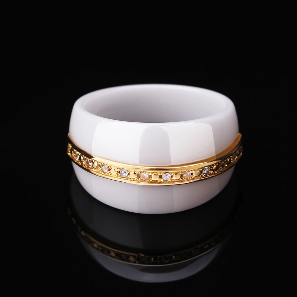 Unique Design Black & White Ceramic Rings For Women Gold Color Metal Cubic Zircon Channel Ceramic Wedding Jewelry