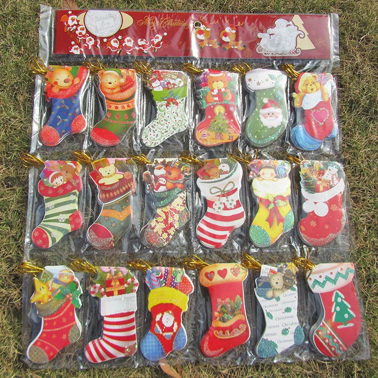 144 PCS Christmas Socks Mini Small Card Christmas Tree Decoration Supplies Gold Line Sling Christmas Greeting Wish Gift Card