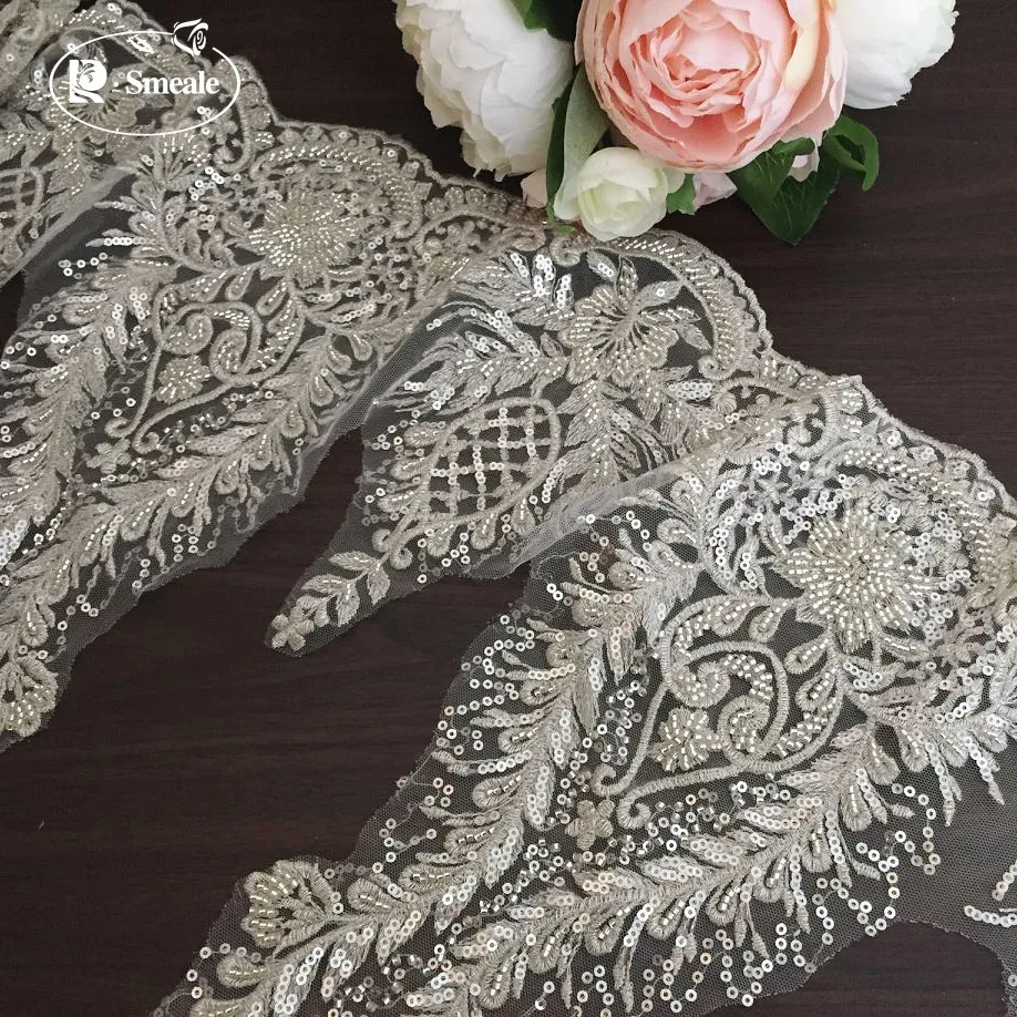 Silver Beaded Lace Trim, Wedding Dress Accessories, DIY Decorative Fabrics, High-end, Silver, New, RS2910