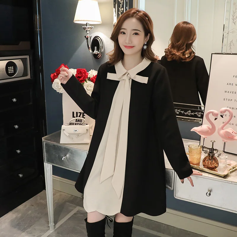 

2021 Autumn Winter Maternity Clothes Fashion A-line Shirts Turn-Down Collar Bow Patchwork Block Color Pregnant Women Blouses