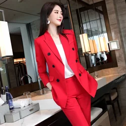 Izicfly outono primavera vermelho ternos com calça uniforme duas peças conjunto feminino elegante blazer e calça