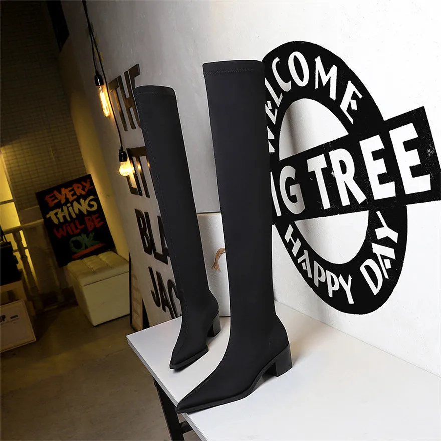 New Women Stretch Lycra Sexy Long Sock Boots Pointed Toe Platform Party Shoes Ladies Slim Chunky High Heels Over The Knee Boots