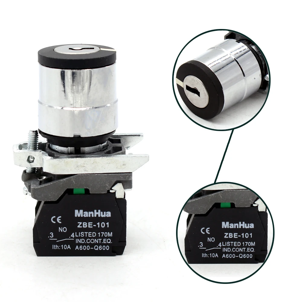 ManHua XB4-BG33 220V Bring metal key push button switch 3 position