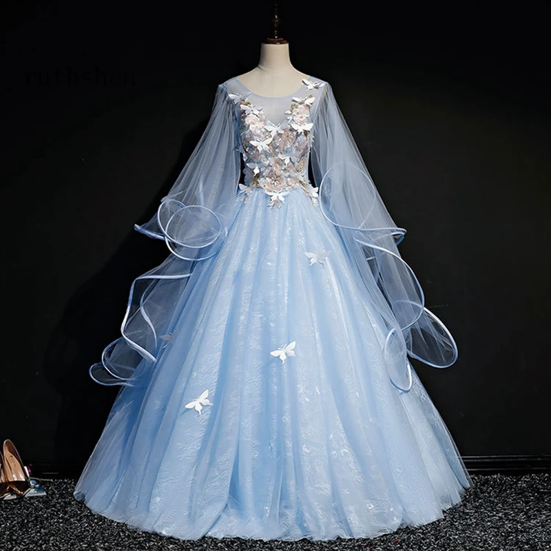 

Blue Prom Dresses Long With Butterfly Tailored Long Sleeves Vestidos De Gala Largos Evening Gowns Puffy Masquerade Party Dress