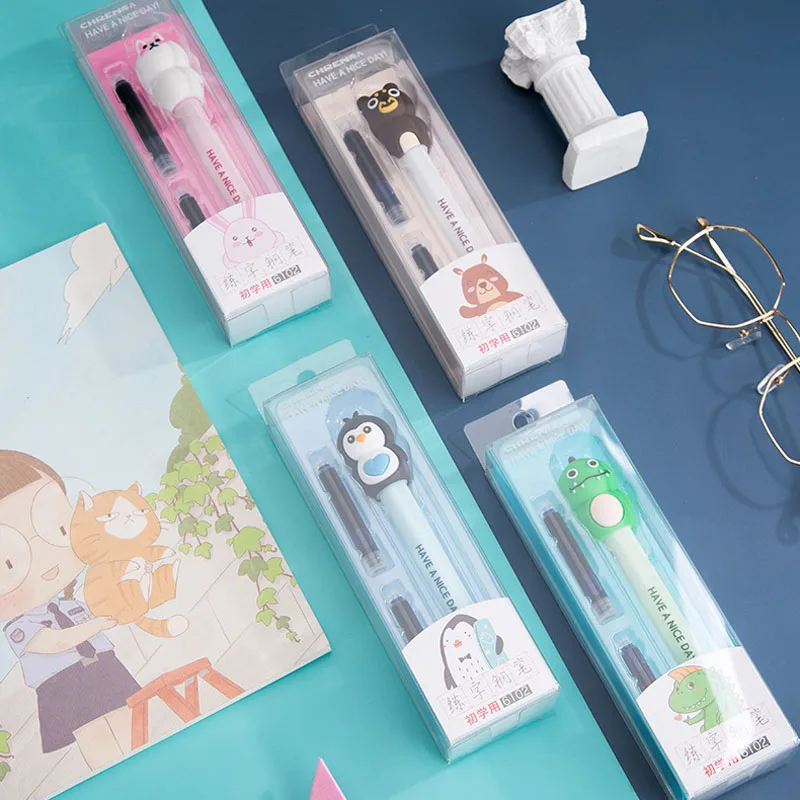 Animais bonitos dos desenhos animados apagáveis caneta tinteiro conjunto com tinta azul caneta caligrafia substituível escola kawaii estudantes papelaria presentes