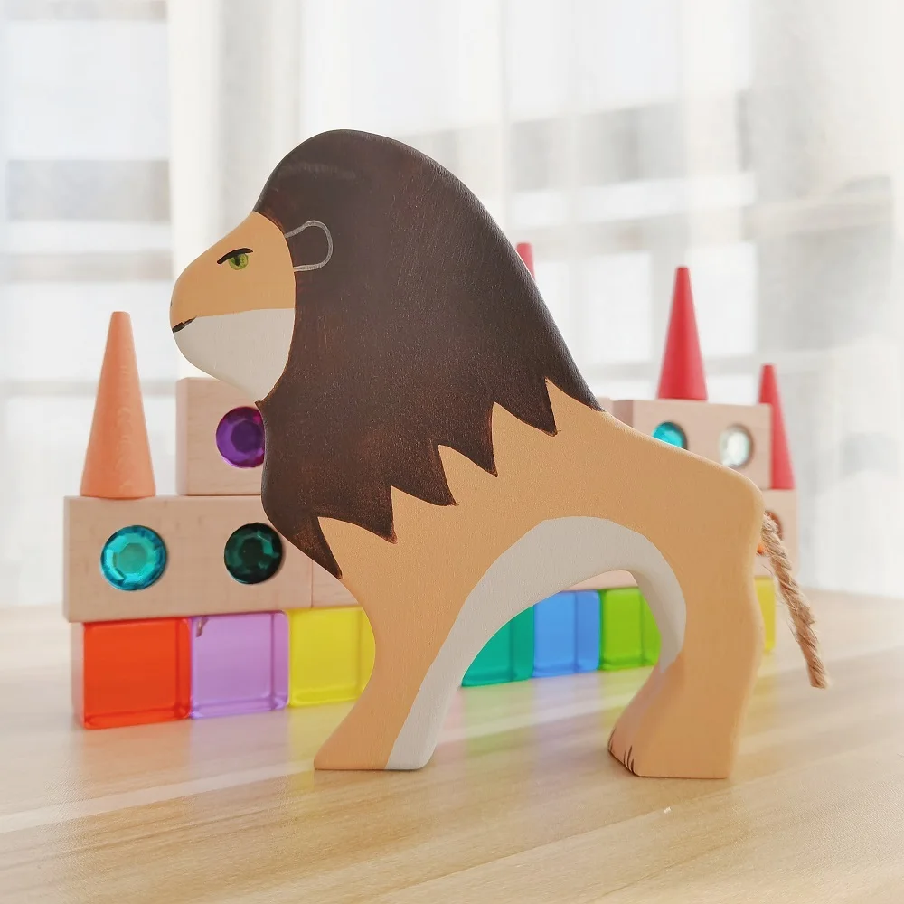 Leão de madeira natural montessori figura artesanal grandes animais handcarft brinquedos para crianças animais cognição brinquedo educativo precoce