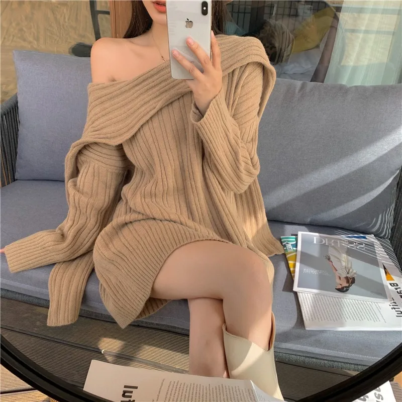 

Knit sweater women 2023 spring and winter new scarf collar strapless sexy lazy style loose mid-length sweater dress