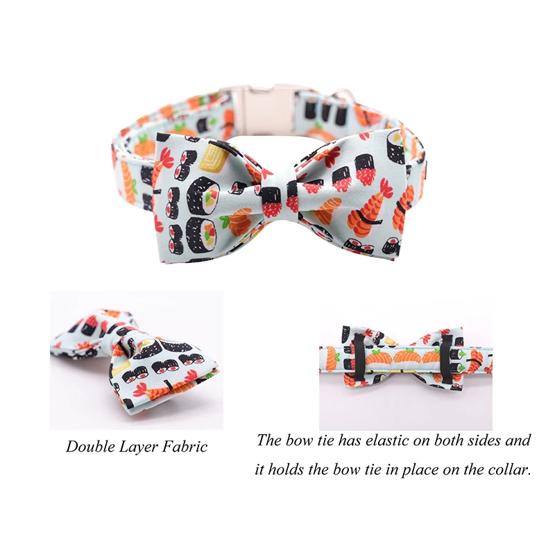 Sushi Blue Cotton Fabric Dog Collar with Bow Tie for Big and Small Dog Metal Buckle Pet Accessories