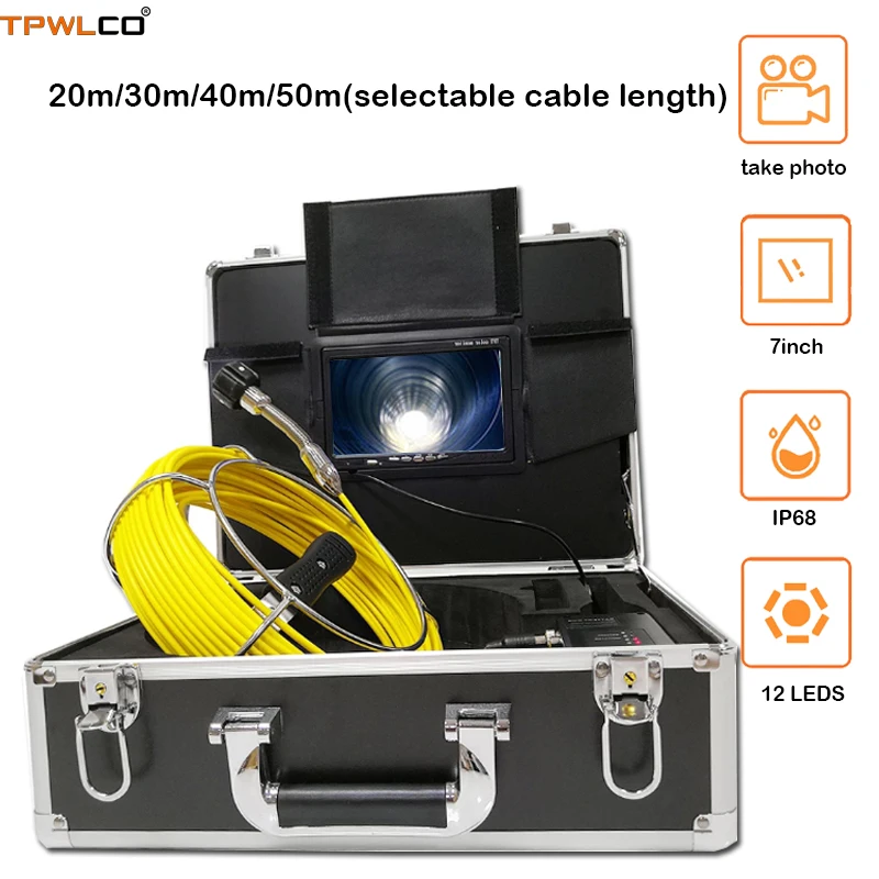 

20-50m Cable IP68 Waterproof Pipeline Sewer Drain Camera 23mm 7" TFT LCD Video Pipe Inspection Equipment System DVR Function