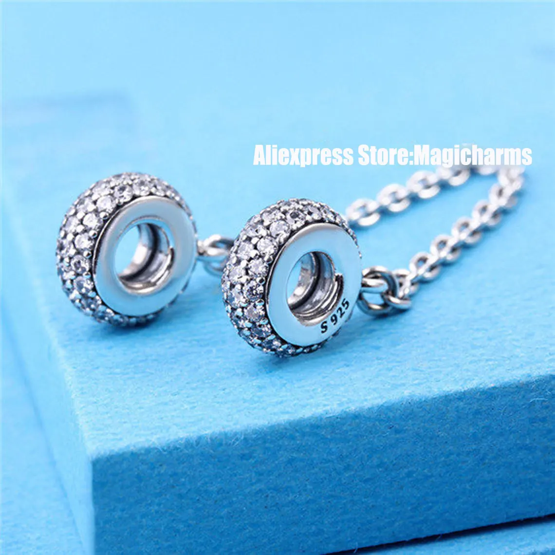 925 Sterling Silver Pavé Inspiration with Clear CZ Safety Chain Charm Bead Fits All European Pandora Jewelry Bracelets Necklaces