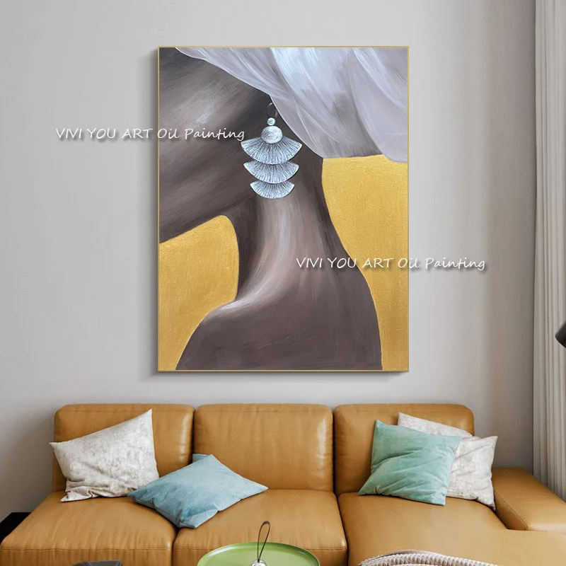 The African Scarf Woman Big Earings Portrait Abstract Handmade Oil Painting On Canvas Figure Wall Art Picture for Home Decor