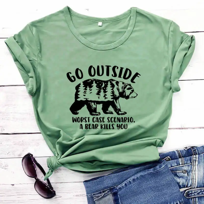 

go outside Funny Bear Shirt New Arrival Summer 100%Cotton Funny T Shirt Camping Shirt Hiking T Shirts Wildlife T Shirts