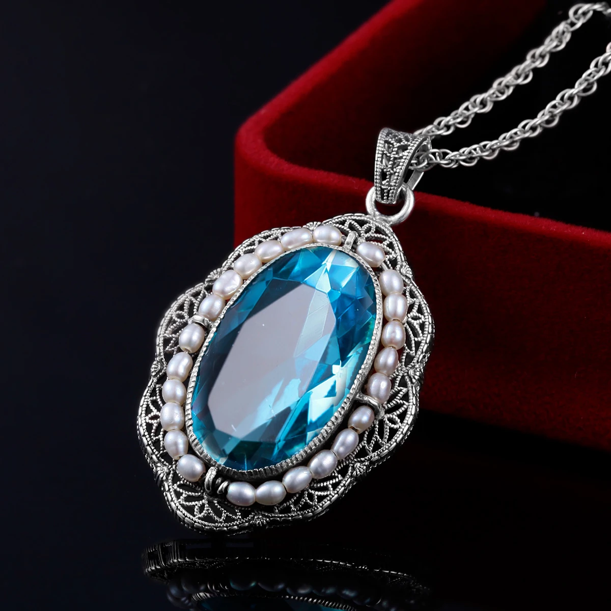 Szjinao Women Silver Pendant Fresh Water Pearl Aquamarine Necklace Pendants 925 Sterling Silver Flower Oval Shape Stone Jewellry