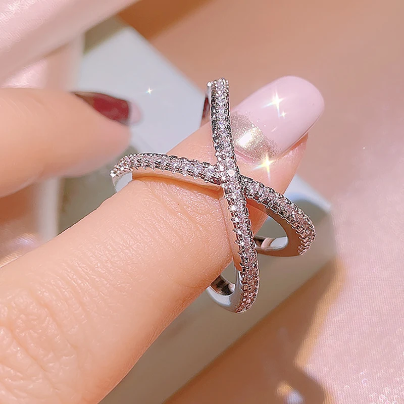 2021 NEW Trendy X Shape Cross Rings For Women Wedding S925 Silver Color Micro Paved Crystal Engagement Party Gift Jewelry