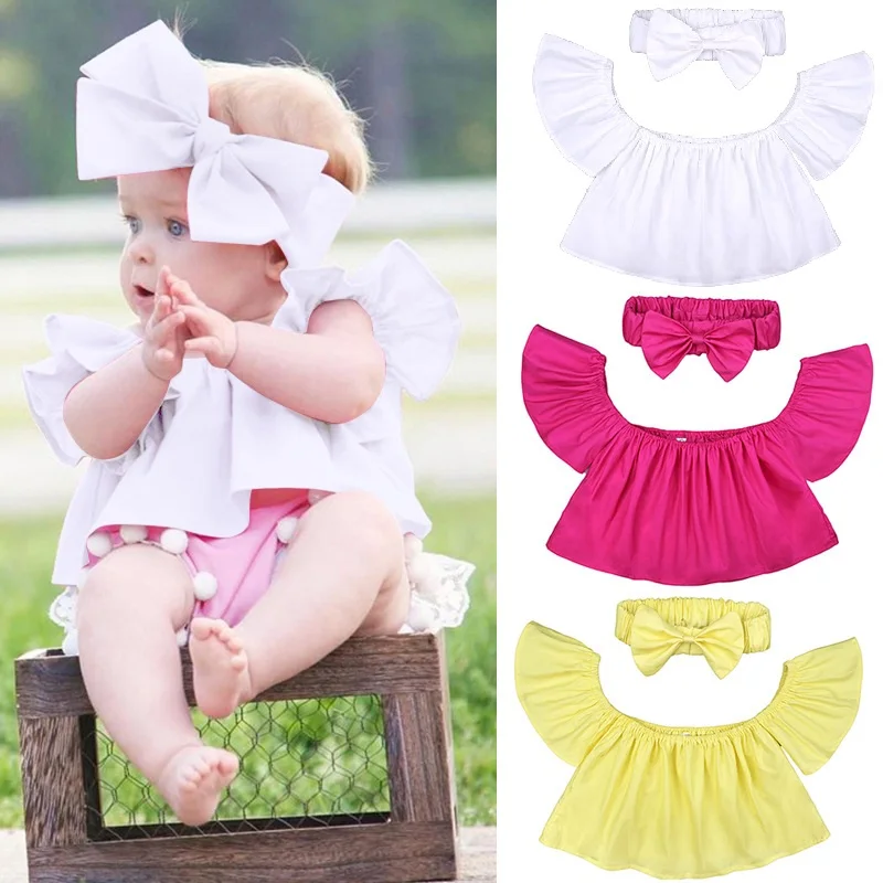 Baby Girl Off Shoulder Tee Solid Color Tshirts Newborn Headbands Summer Tops Cotton Children T-Shirt Clothes Toddler T Shirt