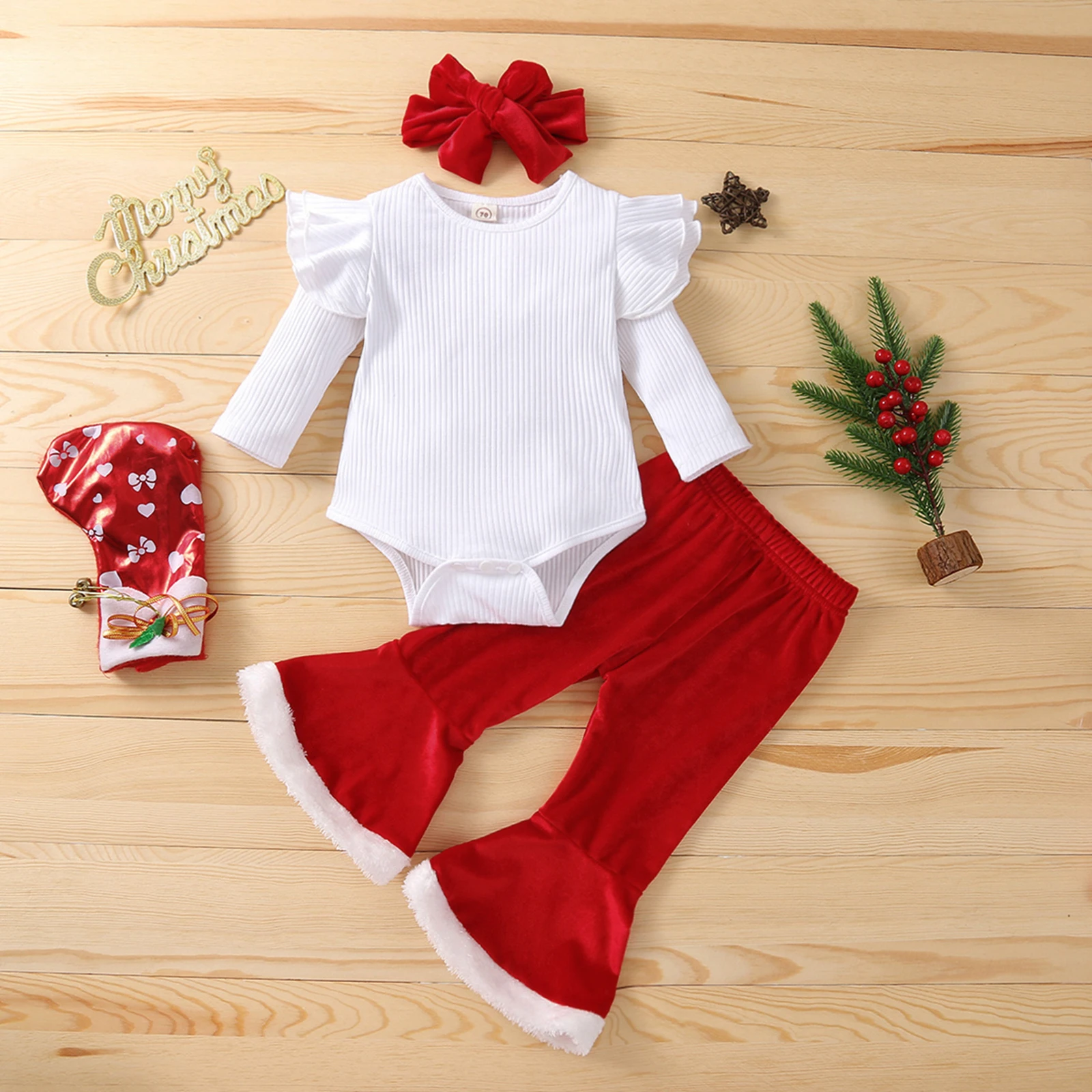 

Christmas Outfits Set Baby Girls Solid Color Fly Sleeve Round Neck Knitted Playsuit Flared Pants Bow Headband Xmas Set 3PCS